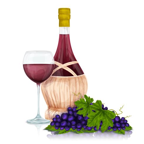 Frasco de vino y racimo de uva. vector