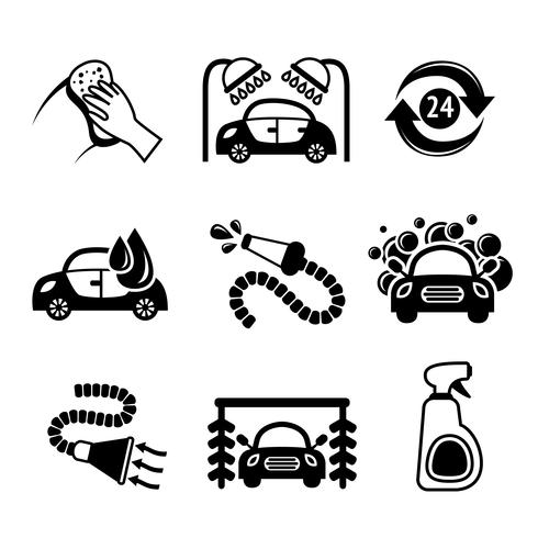 Lavado de coches iconos en blanco y negro vector