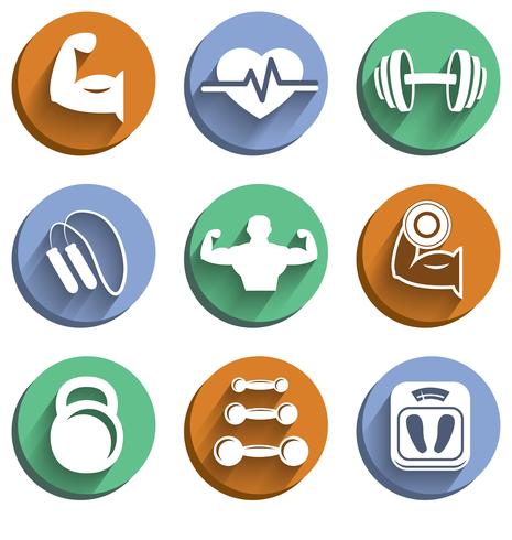 Fitness bodybuilding sport icons set vector