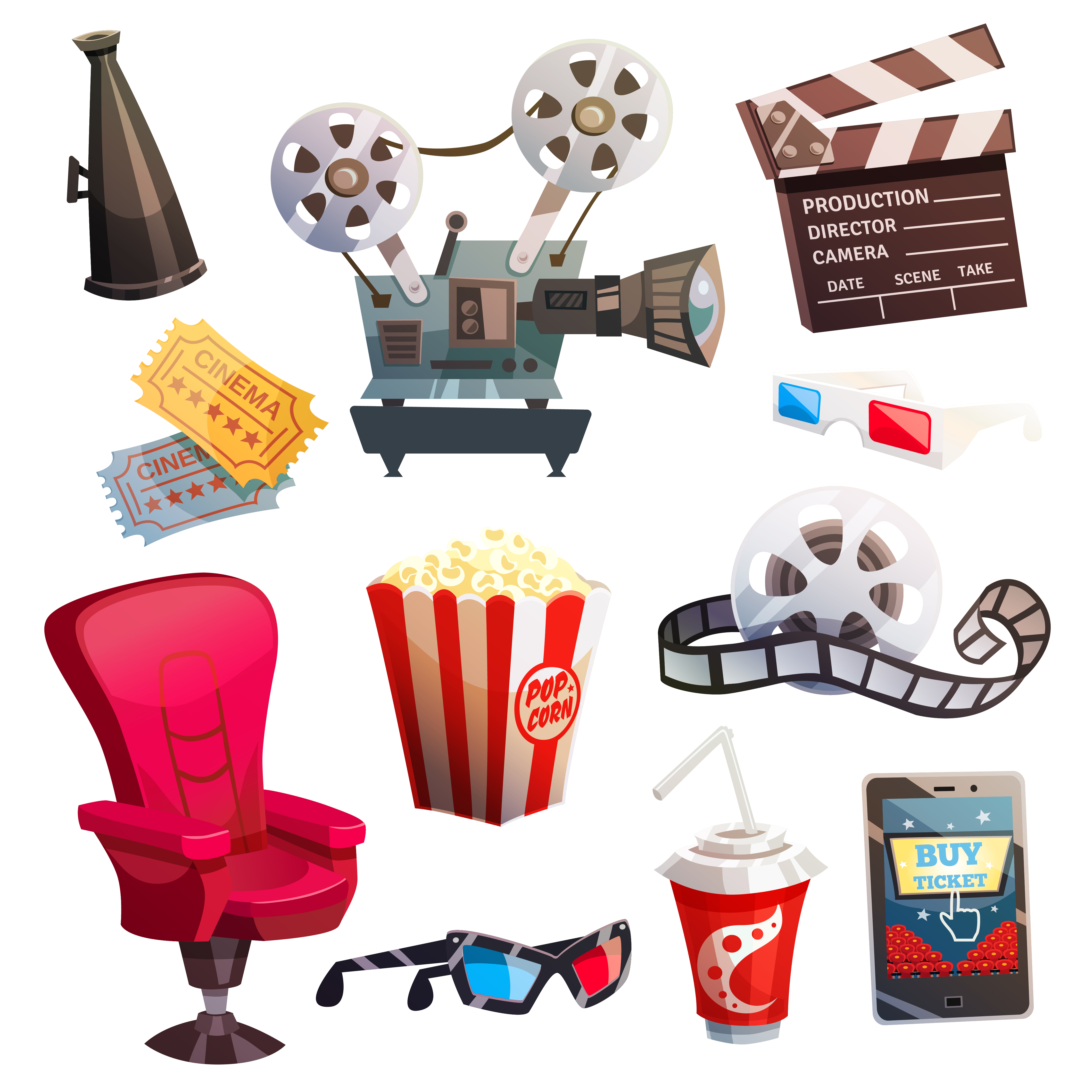 Set Of Colored Isometric Cartoon Cinema Icons Pro Vector