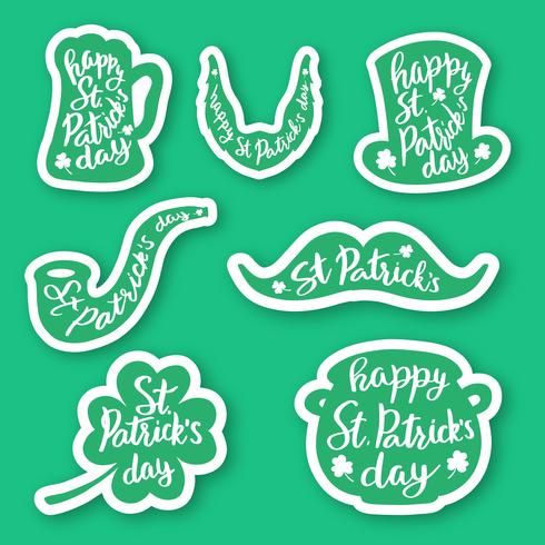 Set of seven stickers emblems with lettering leaf clover, beer mug, mustaches, beard, hat , smoking pipe , pot of gold coins. vector