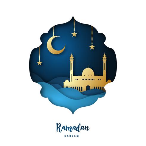 Ramadan Kareem illustration with arabic Gold Origami Mosque, Crescent Moon and Stars. vector