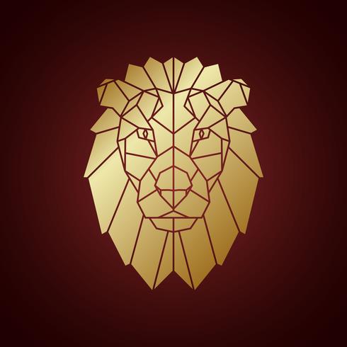 Golden lion head, geometric silhouette isolated on dark background.  vector