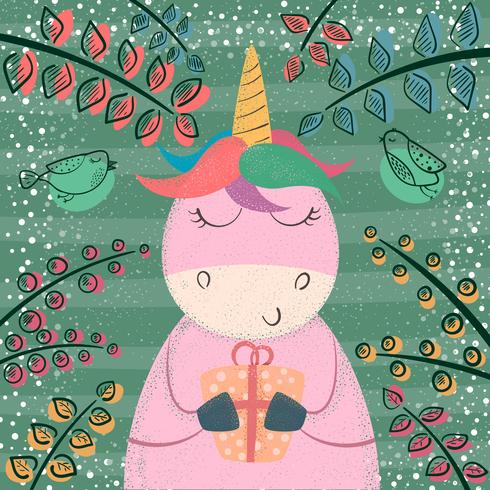 Cute unicorn in the magic forest. vector