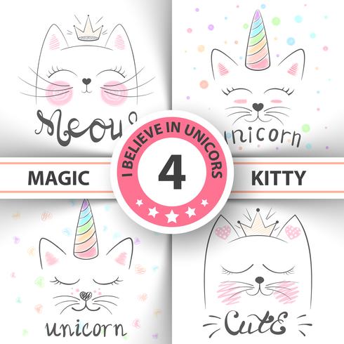 Cat, kitty, unicorn, caticorn, - baby illustration. idea for print t-shirt. vector