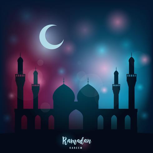 Ramadan kareem. Religious night, mosque under the light of the month and stars. vector