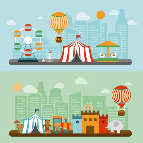 Circus in city flat banners set   vector