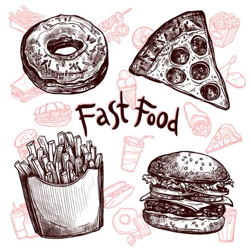 Fast food and drinks sketch set vector