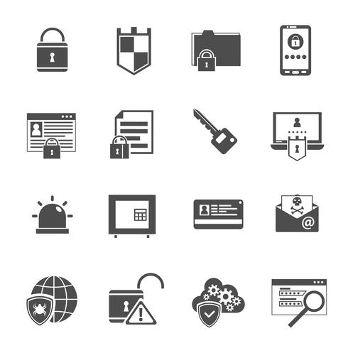 Iconos de seguridad informática establecidos negro vector