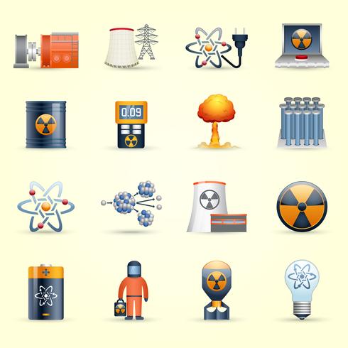 Iconos de energía nuclear fondo amarillo vector