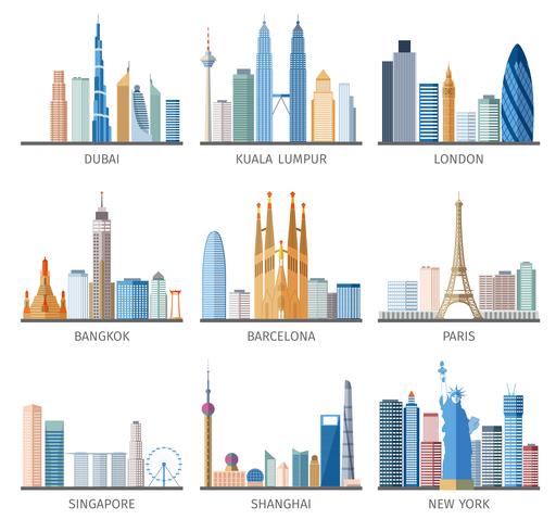 Conjunto de iconos planos de horizonte de la ciudad vector