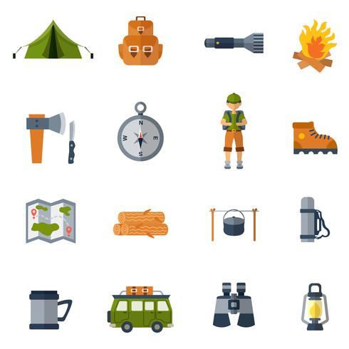 Conjunto de iconos planos de camping vector