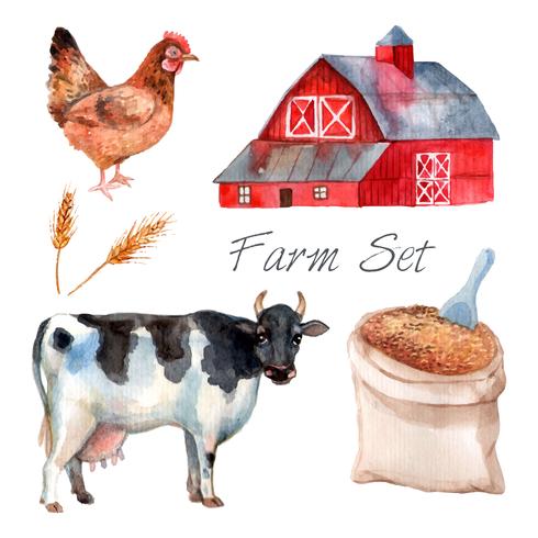  Watercolor Concept Farm Set vector