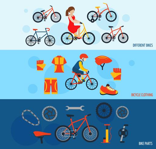 Conjunto de banners de accesorios de bicicletas. vector