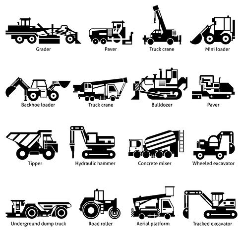 Construction Machines Black White Icons Set  vector