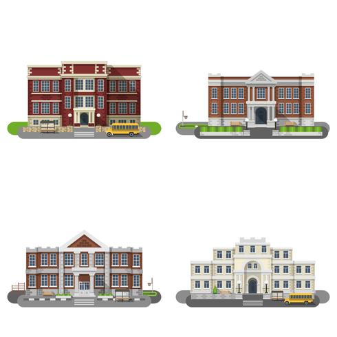 Conjunto plano de edificios escolares vector