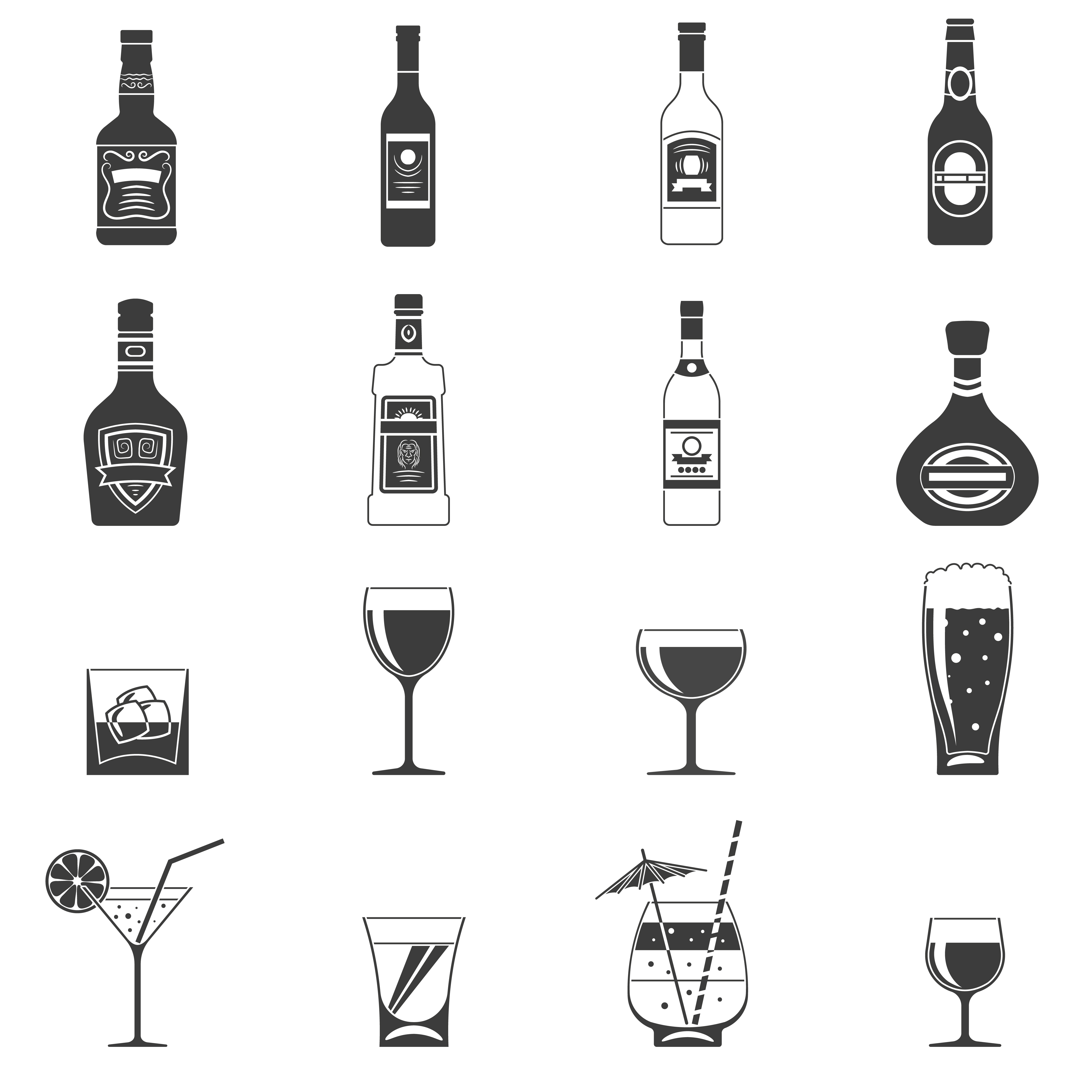 Alcohol black icons set with drink bottles and glass shots isolated vector ...