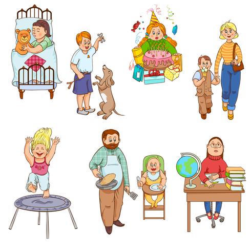 Parents with children cartoon icons collection vector