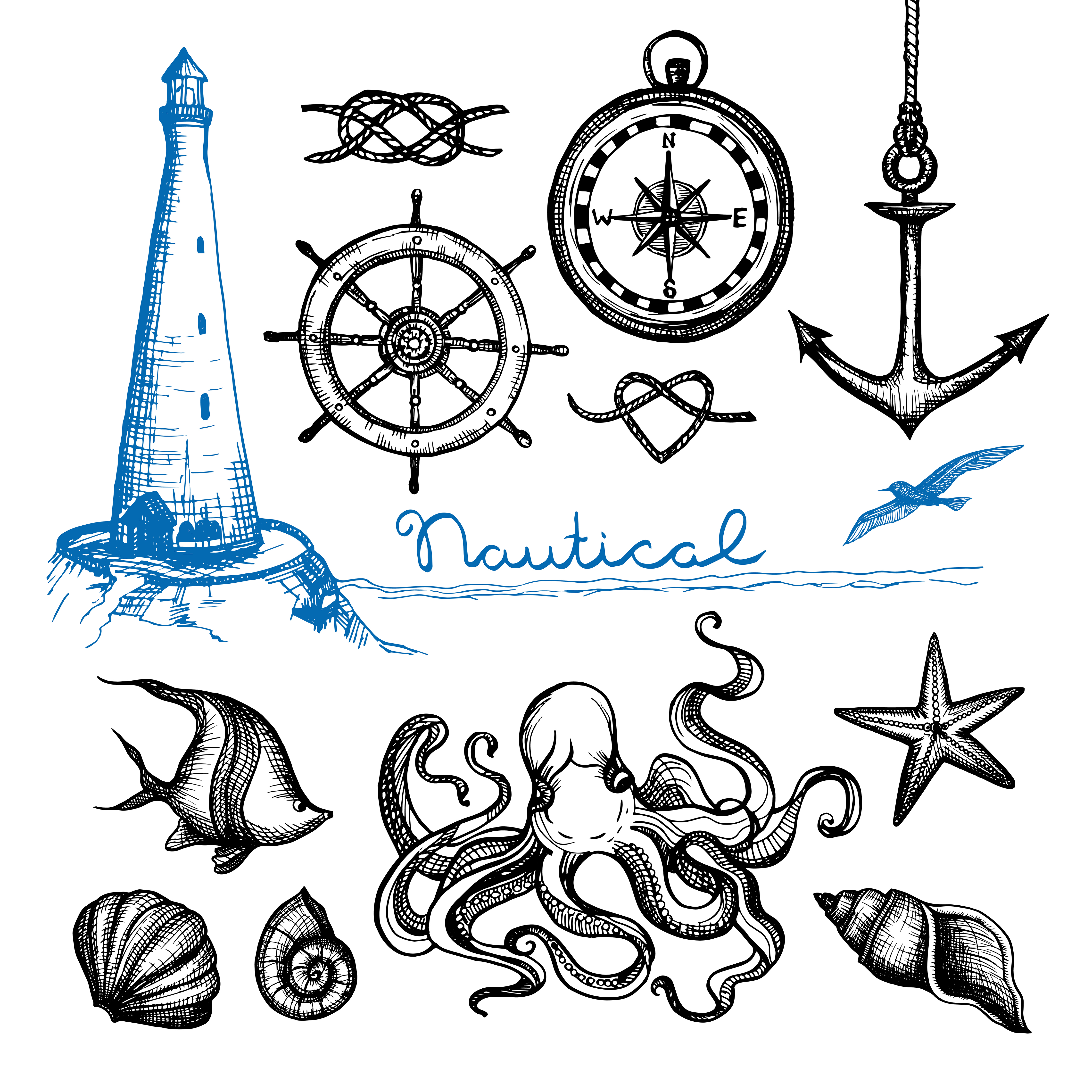 Download Nautical Hand Drawn Set - Download Free Vectors, Clipart Graphics & Vector Art