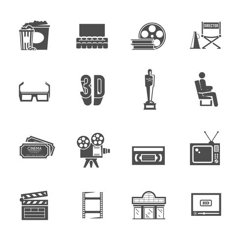 Cinema retro black icons set vector