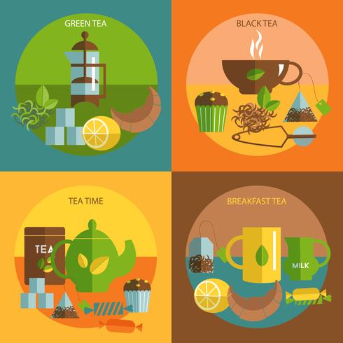 Tea time 4 flat icons square composition vector