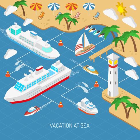 Concepto de vacaciones y barcos en el mar. vector