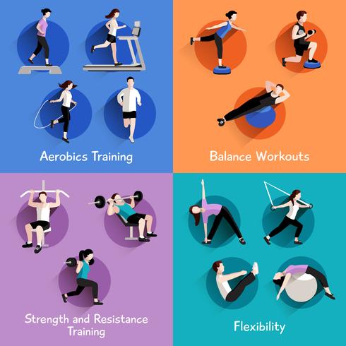 Fitness 4 flat icons square banner vector