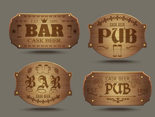 Wooden pub bar signs set vector