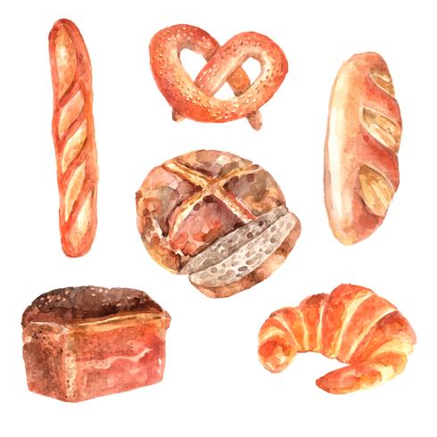 Conjunto de iconos de acuarela de pan fresco vector