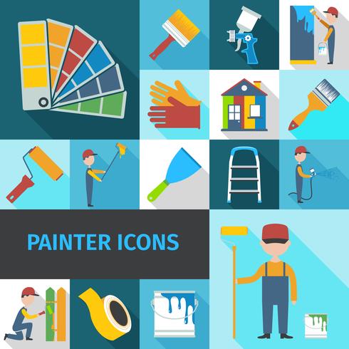 Iconos de pintor conjunto sombra plana vector