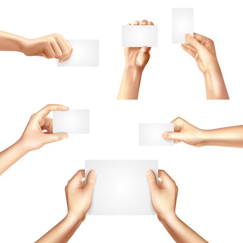Hands holding blank cards poster vector