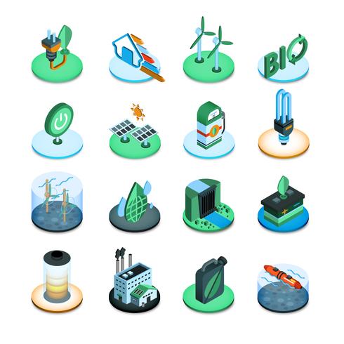 Iconos isométricos de energía verde vector