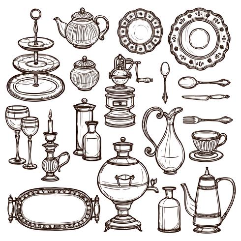 Dishes doodle sketch set print vector