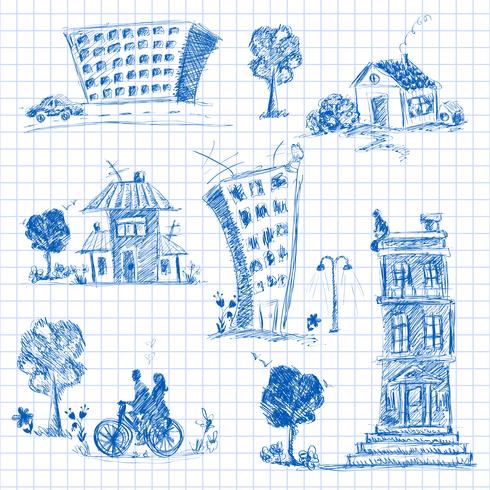 Conjunto de doodle de la ciudad vector