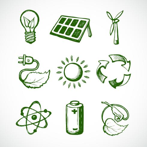 Iconos de bosquejo de energía verde vector