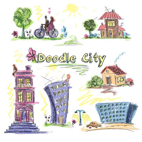 Set de doodle de ciudad coloreado. vector