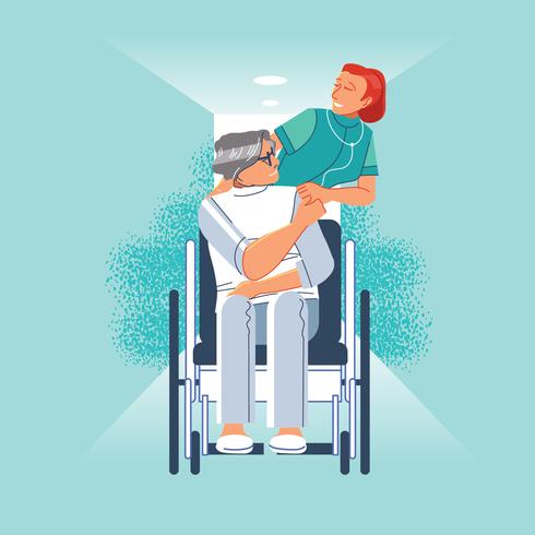 Happy patient is holding caregiver's hand vector