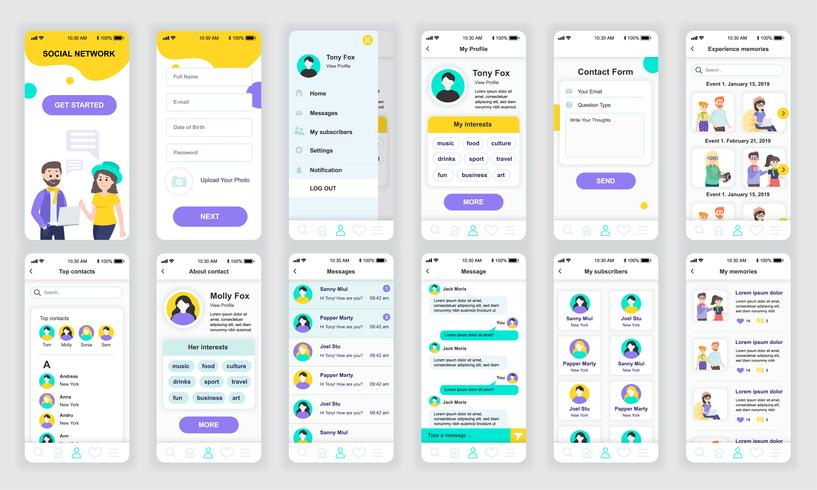 El conjunto de UI, UX, GUI muestra la plantilla de diseño plano de la aplicación de redes sociales para aplicaciones móviles, sitios web receptivos. Diseño web kit de interfaz de usuario. Panel de redes sociales. vector