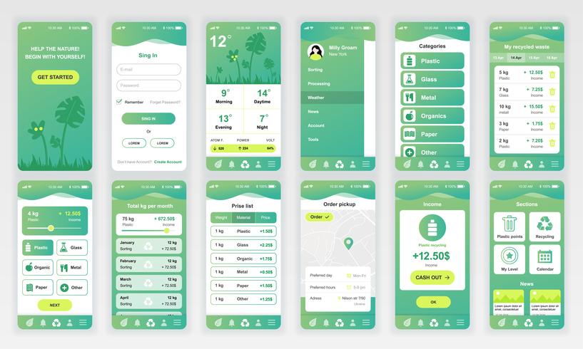 El conjunto de UI, UX, GUI muestra la plantilla de diseño plano de la aplicación Ecology para aplicaciones móviles, sitios web de respuesta. Diseño web kit de interfaz de usuario. Ecology Dashboard. vector