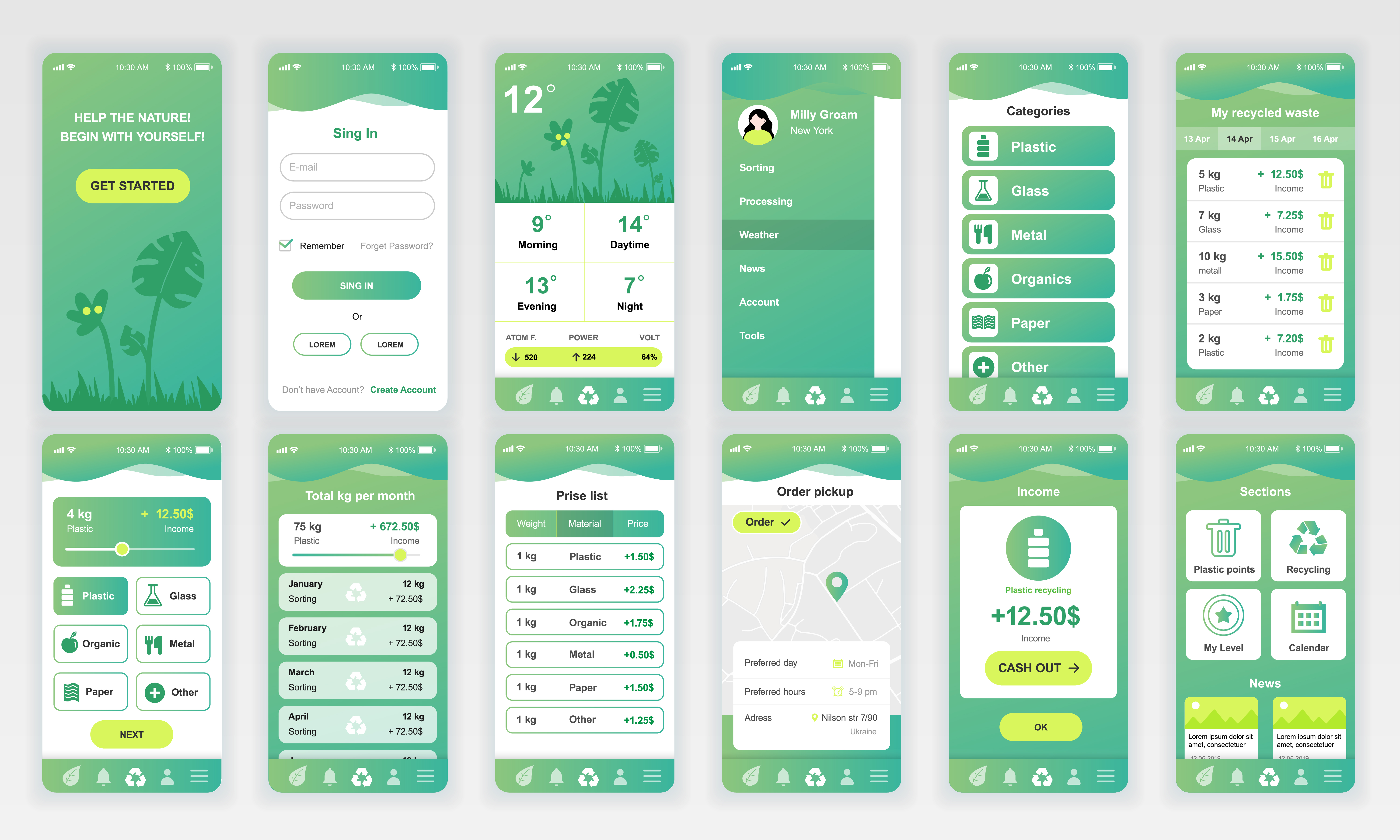 Set of UI, UX, GUI screens Ecology app flat design template for mobile