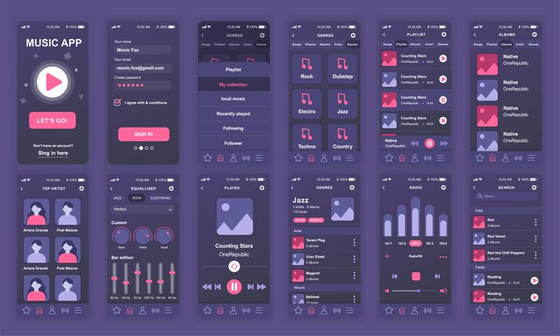 El conjunto de UI, UX, pantallas de GUI Plantilla de diseño plano de aplicaciones de música para aplicaciones móviles, sitios web receptivos alámbricos. Diseño web kit de interfaz de usuario. Tablero de instrumentos de música. vector