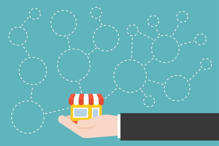 Business hand and store icon with branches and blank circle vector