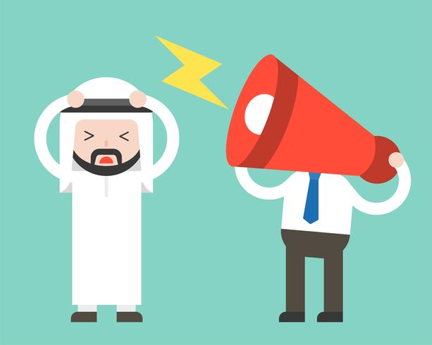 Megaphone head and annoying arab businessman, annoying coworker concept vector