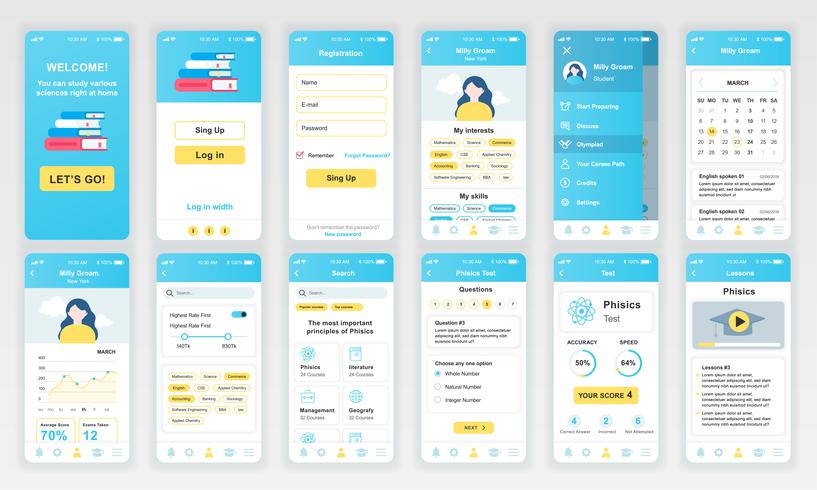 El conjunto de UI, UX, GUI muestra la plantilla de diseño plano de la aplicación educativa para aplicaciones móviles, sitios web receptivos. Diseño web kit de interfaz de usuario. Tablero de la educación. vector