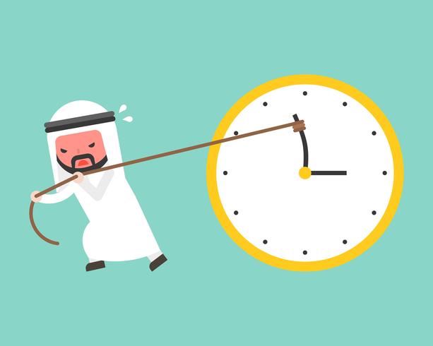 Arab businessman try hard to pull back minute hand anti clockwise by rope vector