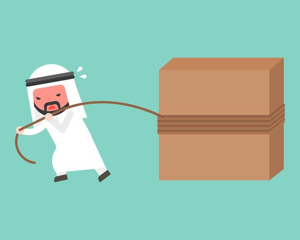 Arab Businessman work hard, pulling block with rope vector