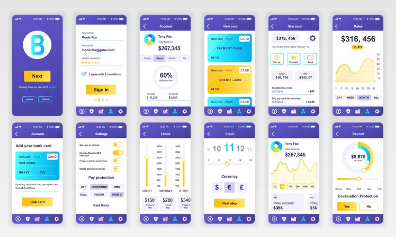 Conjunto de UI, UX, pantallas GUI Plantilla de diseño plano de la aplicación de banca para aplicaciones móviles, sitios web de alambre adaptables. Diseño web kit de interfaz de usuario. Panel bancario. vector