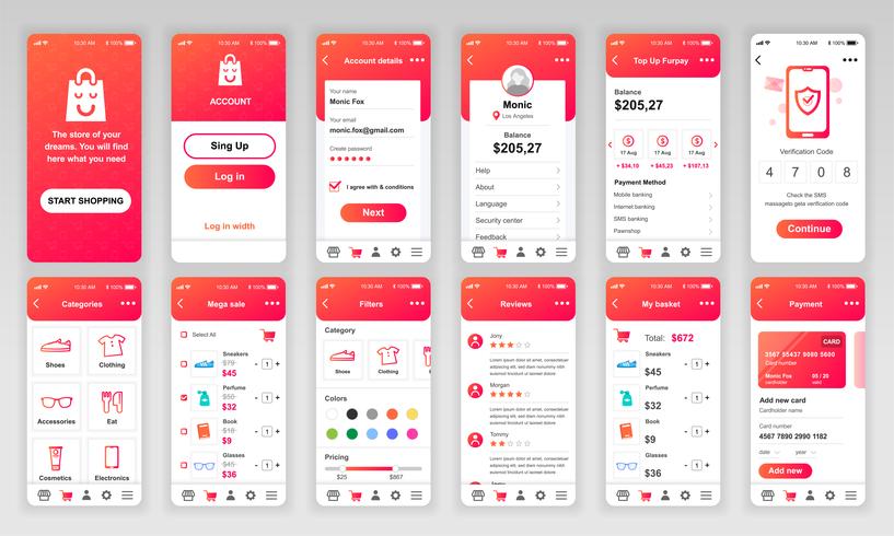 Conjunto de UI, UX, pantallas GUI Plantilla de diseño plano de la aplicación de compras para aplicaciones móviles, sitios web receptivos de alambre. Diseño web kit de interfaz de usuario. Panel de compras. vector