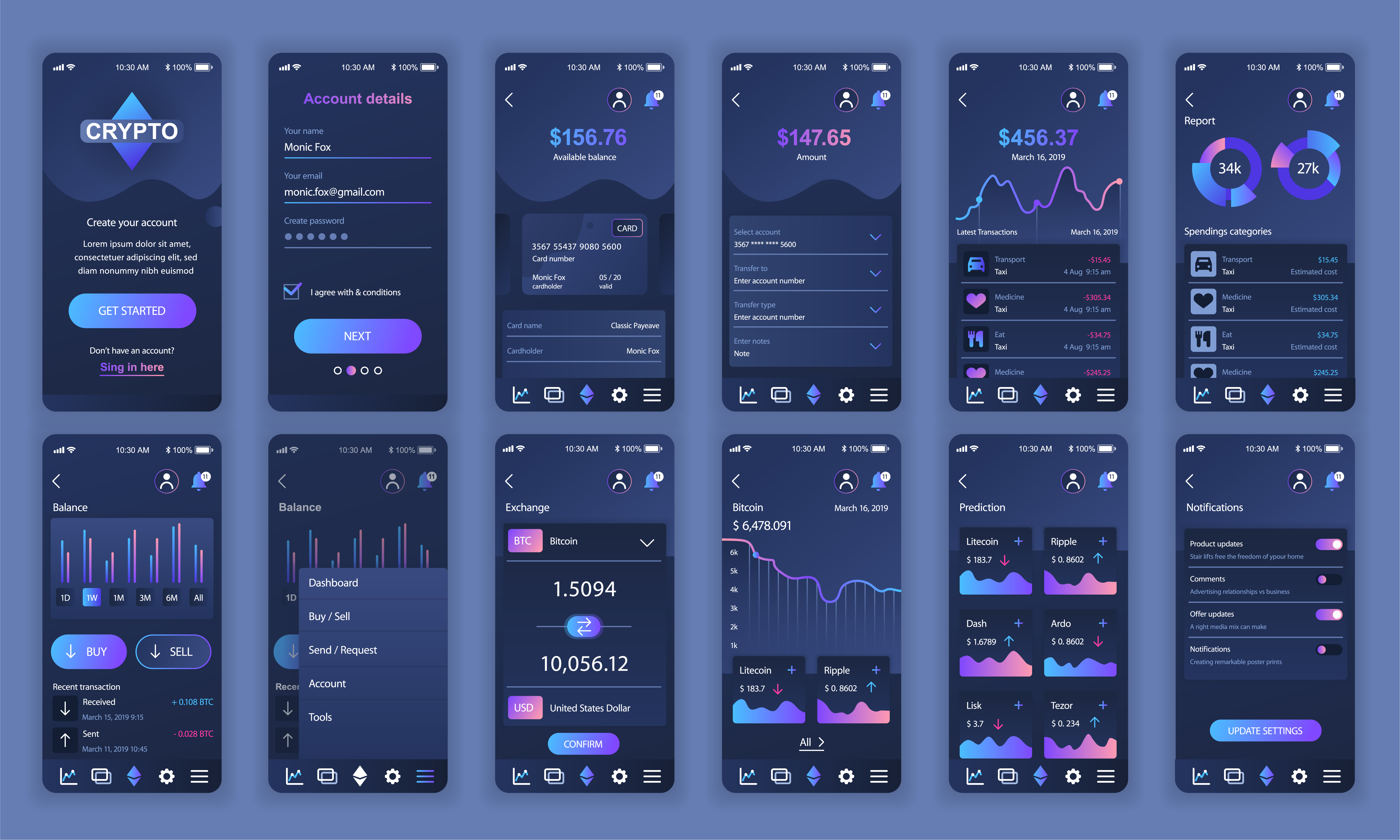 Set of UI, UX, GUI screens Cryptocurrency app flat design template for