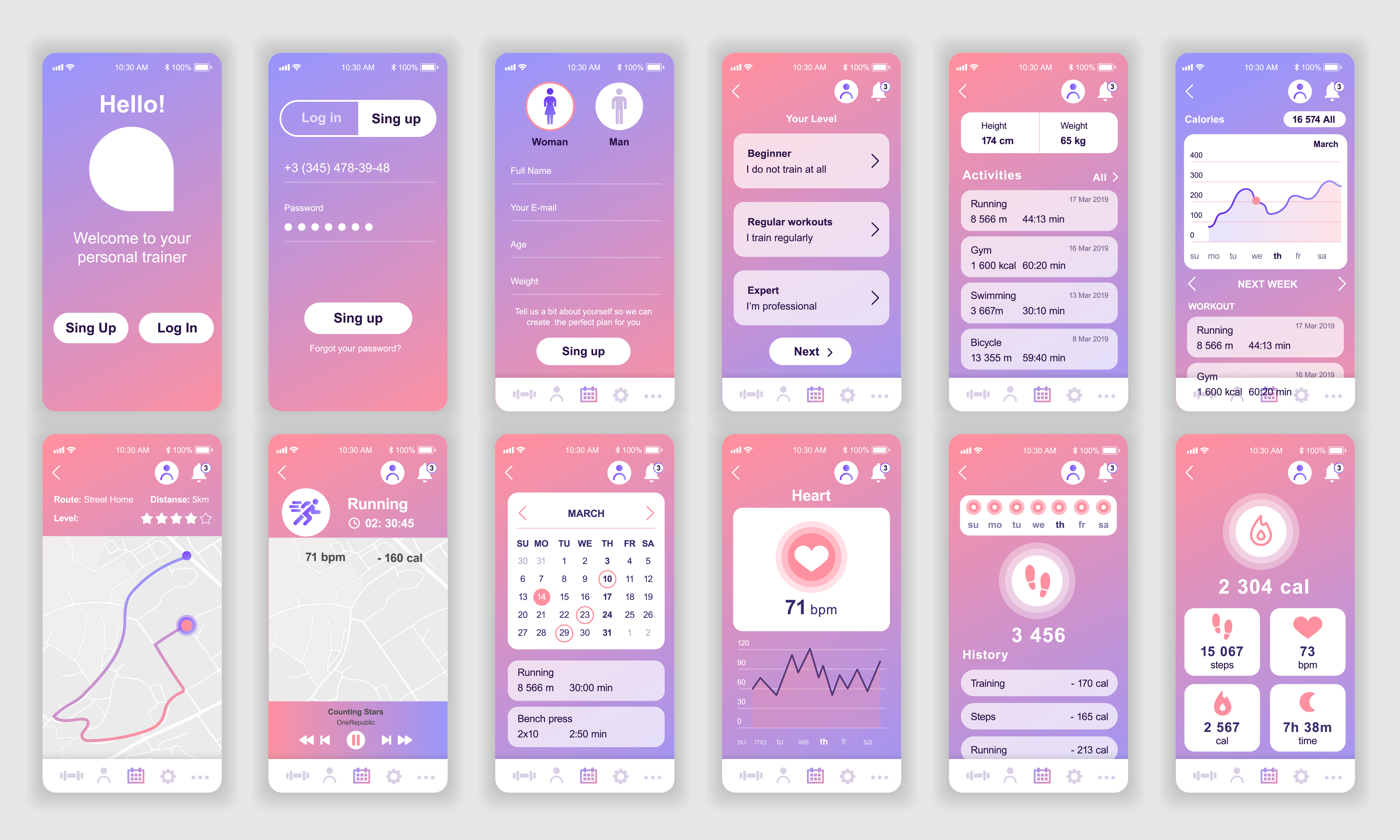 Set of UI, UX, GUI screens Fitness app flat design template for mobile